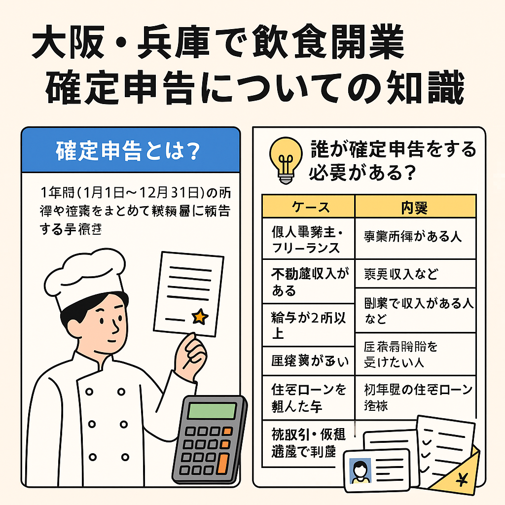 大阪・兵庫で飲食開業する方向けの確定申告に関する知識を解説した図解。確定申告の定義や必要なケースを表形式で紹介。