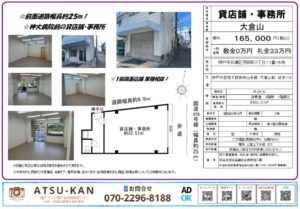 神戸市兵庫区荒田町の1階路面テナント、32.57㎡、神大病院前、飲食不可・業種相談可能な貸店舗・事務所物件の資料