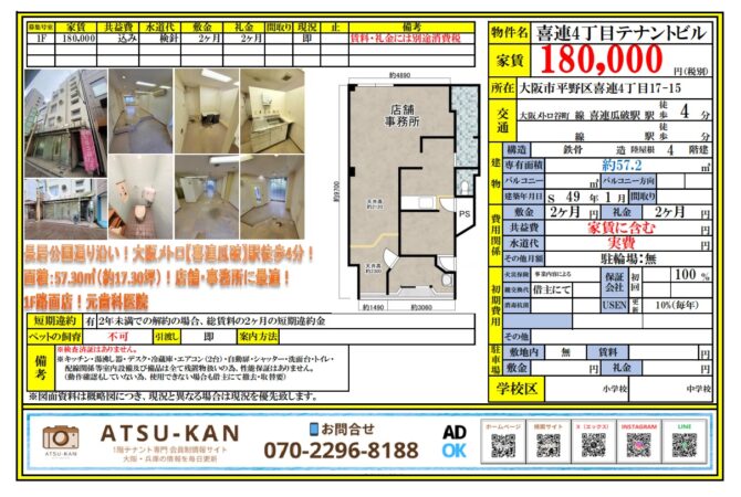 大阪市平野区・喜連4丁目テナントビル・元歯科医院の1階路面店舗