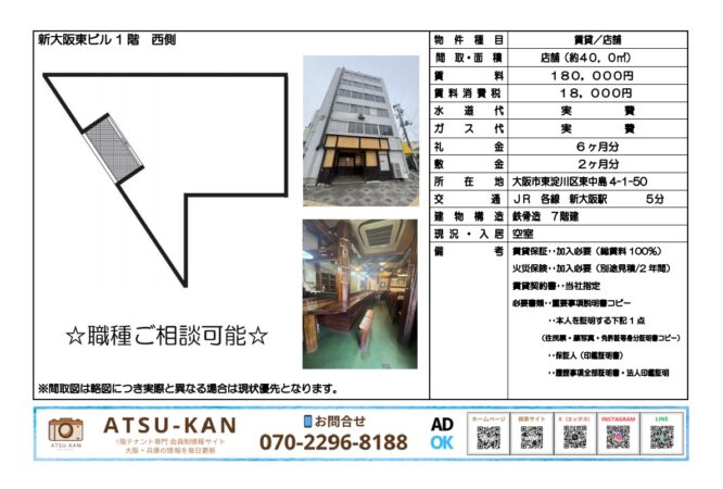 大阪市東淀川区東中島の新大阪東ビル1階貸店舗 外観と内装写真
