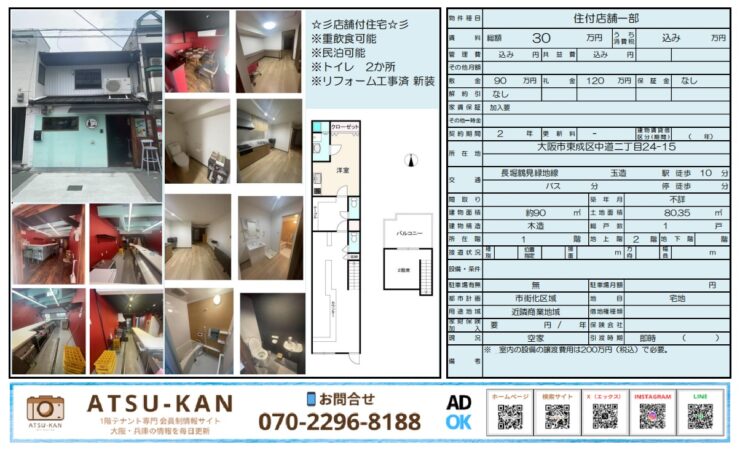 大阪市東成区中道の重飲食可能な住居付き店舗外観と内装写真