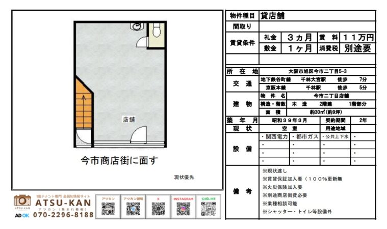 大阪市旭区今市の商店街沿いにある約9坪の貸店舗