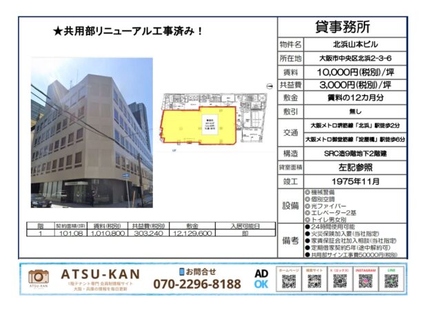 大阪市中央区北浜の北浜山本ビル外観と1階区画図面