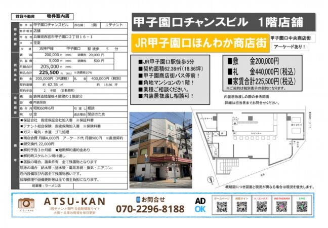 西宮市甲子園口商店街沿いの角地1階店舗（約18.86坪）の物件資料と図面