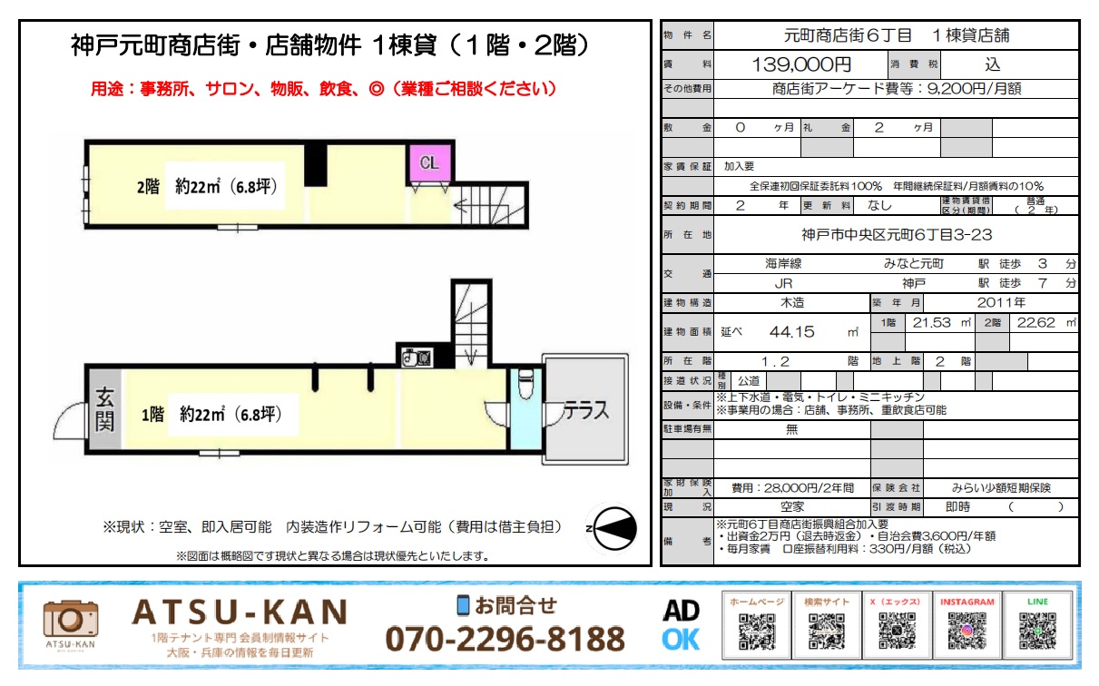 神戸元町商店街6丁目の1棟貸しテナント物件(1階・2階の間取り図付き)
