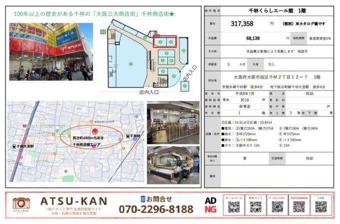 大阪市旭区の千林商店街内にある千林くらしエール館1階テナントの募集資料、店内写真と区画図付き