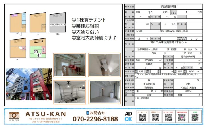 神戸市兵庫区荒田町の1棟貸しテナント外観と内装写真、全4階＋屋上付き