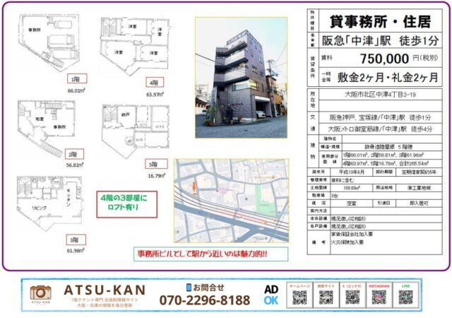 大阪市北区中津、阪急中津駅徒歩1分の事務所・住居兼用賃貸ビル外観