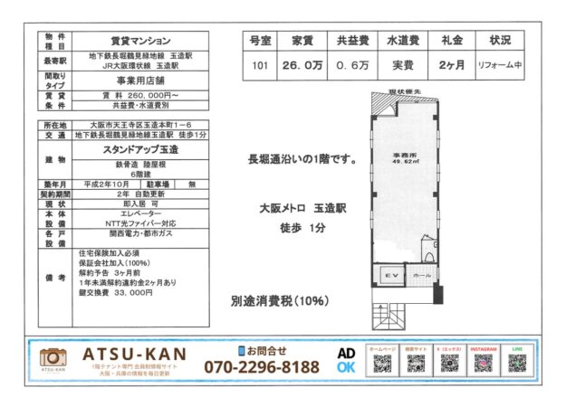 大阪市天王寺区玉造駅徒歩1分、スタンドアップ玉造1階の事務所向き物件の間取り図と概要