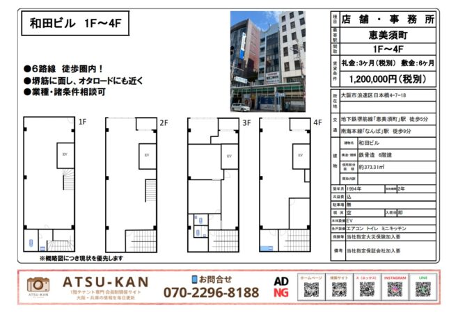 大阪市浪速区日本橋の和田ビル外観写真（堺筋沿い・オタロード至近）