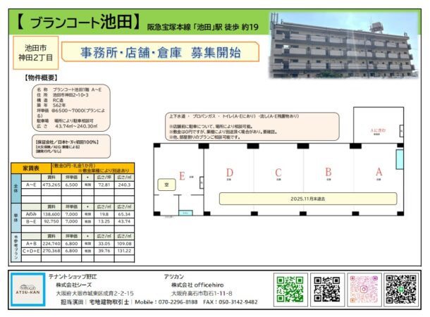 池田市神田のブランコート池田1階A〜E区画の外観と間取り図