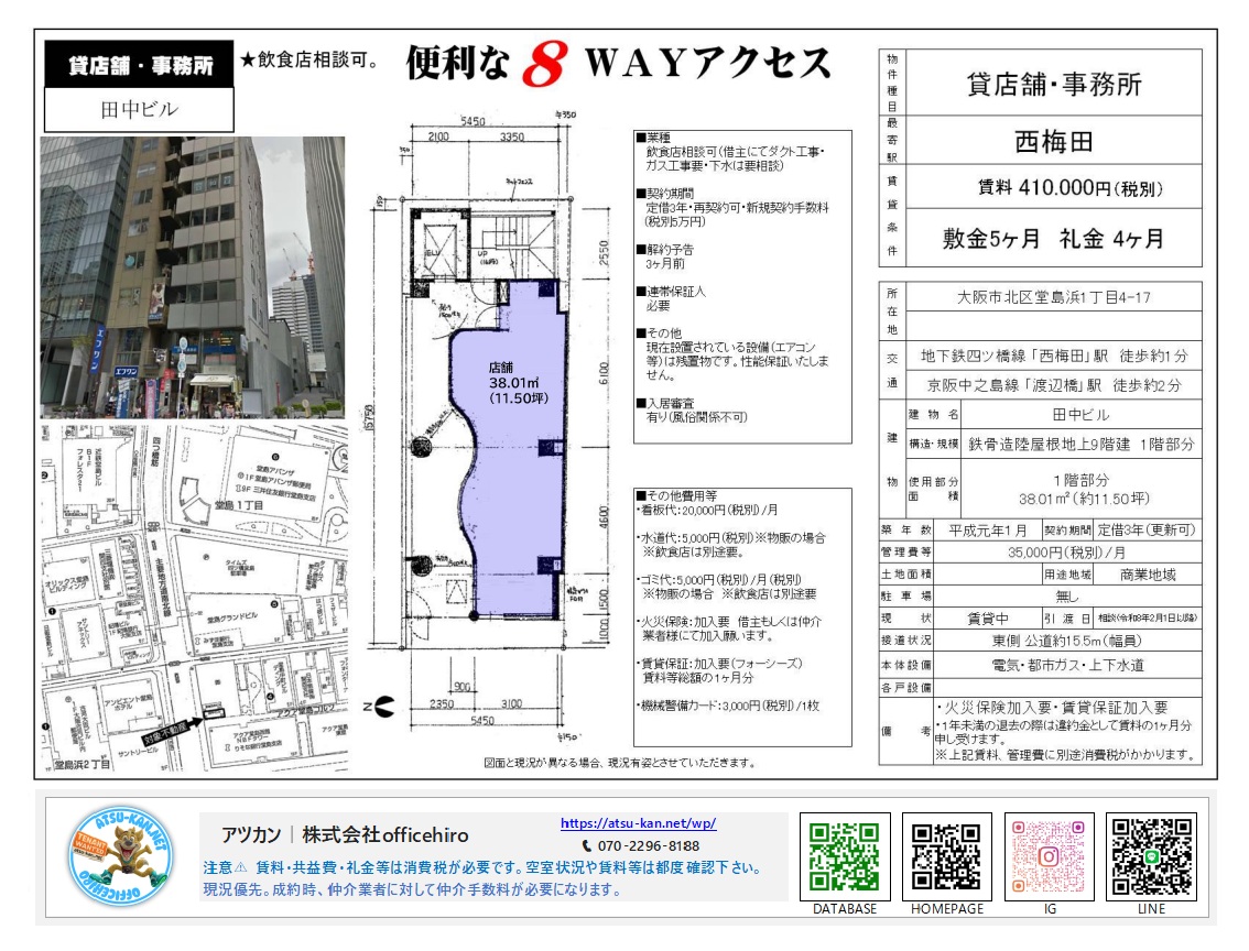 大阪市北区堂島浜1丁目、田中ビル1階の店舗平面図と物件詳細資料。西梅田駅徒歩1分の好立地。