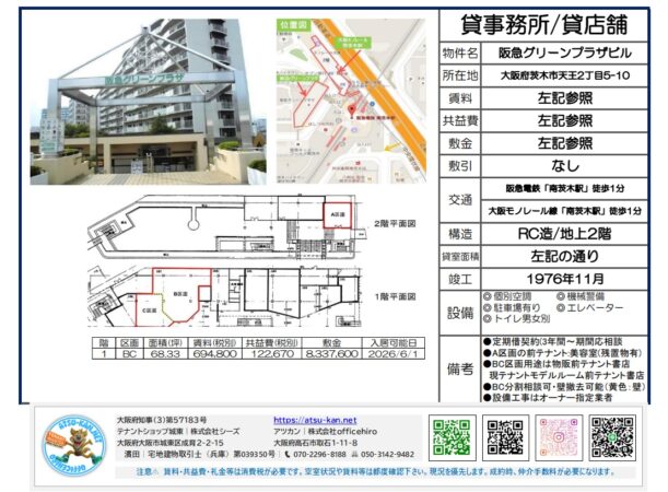 阪急グリーンプラザビル BC区画 貸店舗・事務所 1階・2階複合 南茨木駅前 賃料・共益費・面積情報