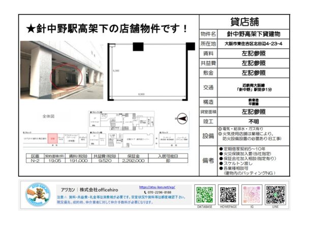 大阪市東住吉区の近鉄南大阪線針中野駅高架下店舗「N-2区画」の募集図面。広さ19.05坪、賃料191,000円、駅徒歩1分の好立地
