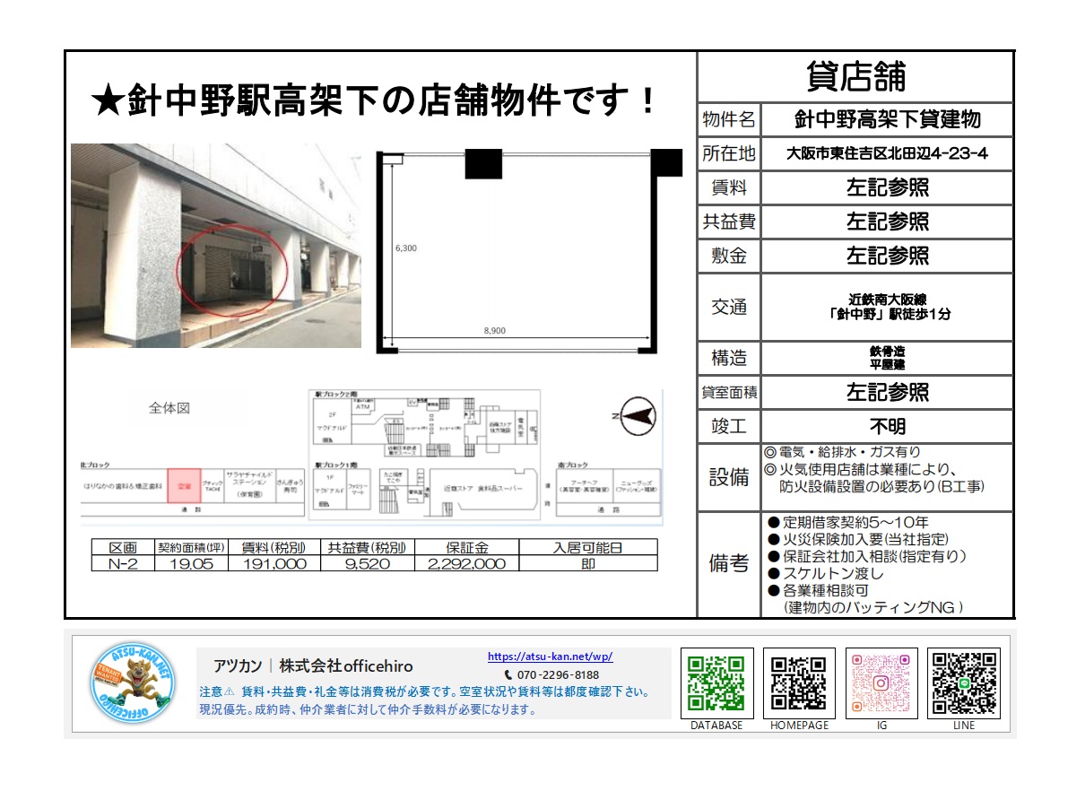 大阪市東住吉区の近鉄南大阪線針中野駅高架下店舗「N-2区画」の募集図面。広さ19.05坪、賃料191,000円、駅徒歩1分の好立地
