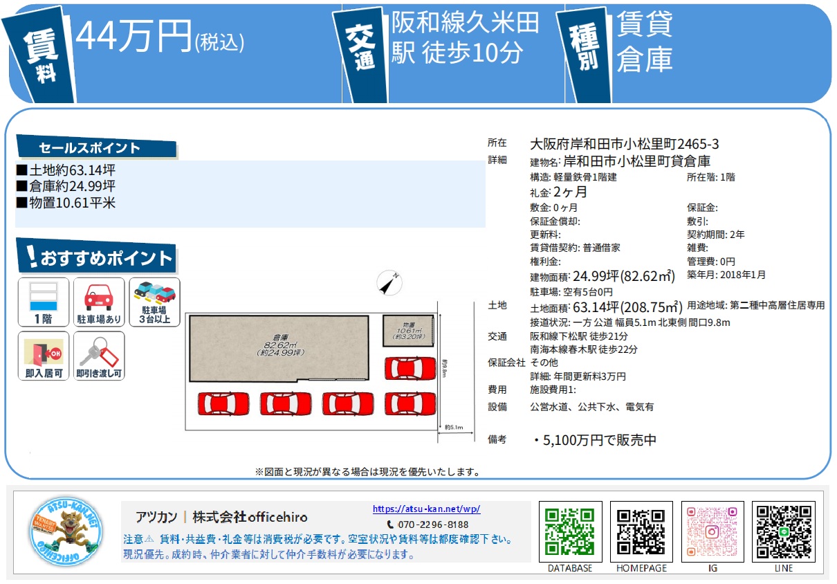 大阪府岸和田市小松里町、敷地63坪・駐車場5台付き貸倉庫の間取り図と物件詳細資料