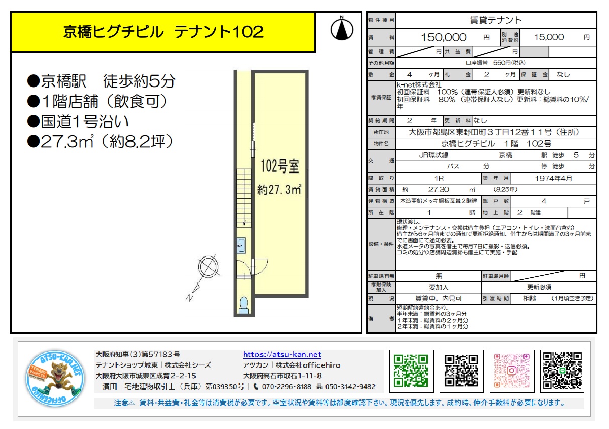 大阪府大阪市都島区東野田町3丁目12番11号、「京橋ヒグチビル」1階102号室の貸店舗・貸事務所物件。賃料150,000円、共益費15,000円。賃貸面積27.30m²(約8.25坪)。JR・京阪「京橋」駅徒歩5分。1974年4月築。飲食店相談可。保証金4ヶ月分、礼金なし。即入居相談可(1ヶ月後引き渡し予定)。