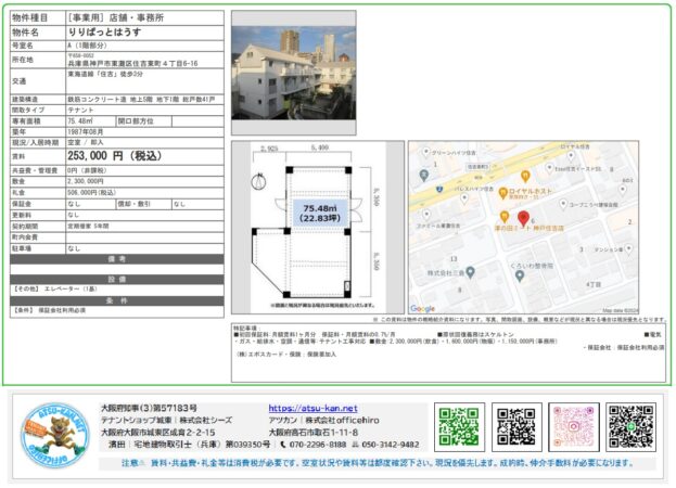 兵庫県神戸市東灘区住吉東町4-6-16、「りりぱっとはうす」の2階店舗・事務所物件の資料。JR住吉駅徒歩7分。専有面積75.48平米（約22.83坪）。賃料253,000円（税込）。天井高約4m、エレベーターあり。