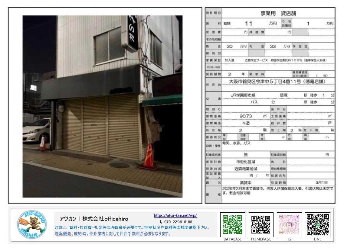 大阪府大阪市鶴見区今津中、JR徳庵駅徒歩1分の路面貸店舗の外観と物件詳細資料