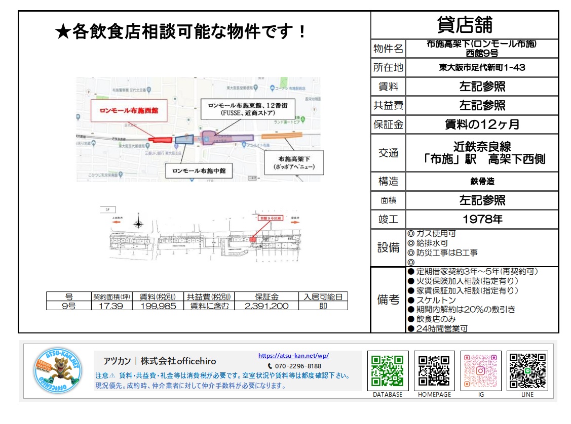 東大阪市足代新町に位置する近鉄奈良線「布施駅」高架下の物件案内図。ロンモール布施西館内の位置を示すフロアマップ、周辺の地図、および契約面積約17坪の西館9号区画の条件が記載された資料。