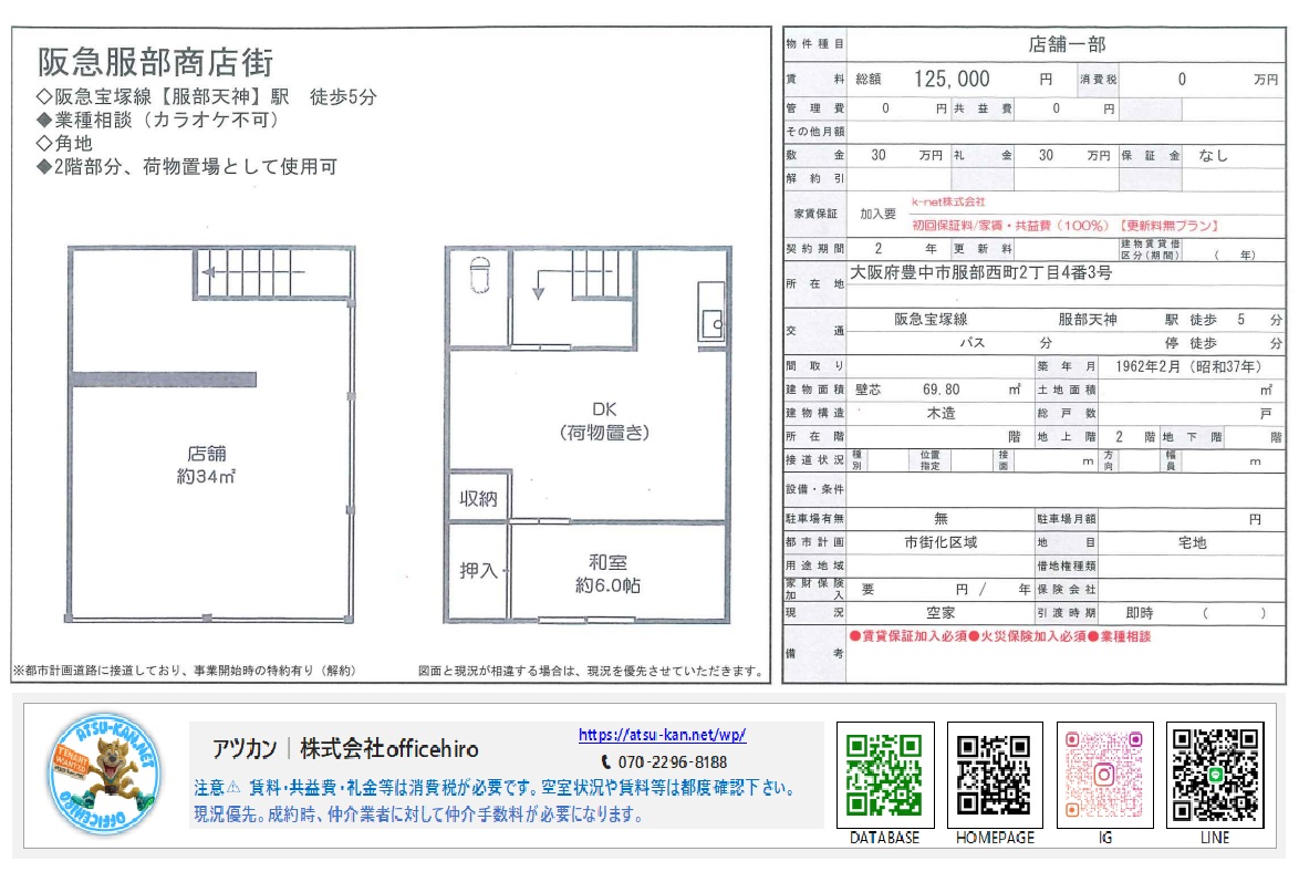豊中市服部西町2丁目の「阪急服部商店街」内店舗の物件資料。1階店舗部分と2階(和室・DK)の間取り図、周辺の商店街の雰囲気がわかる情報が記載されています。