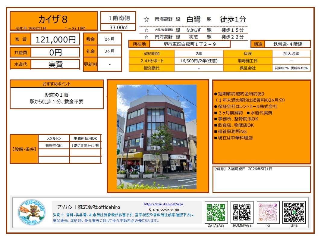 南海高野線白鷺駅から徒歩1分の好立地にある4階建てビル「カイザ8」の外観写真。1階には複数の店舗が入居しており、視認性の高い路面店舗の様子がわかります。