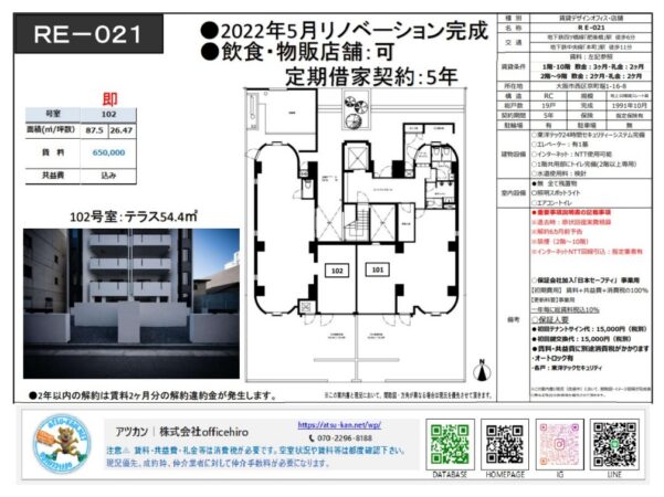 大阪市西区京町堀1丁目にある物件「RE-021」102号室の紹介資料。87.5平米の室内と54.4平米のテラスを併設した間取り図、モノトーンでスタイリッシュな外観写真が掲載されています。