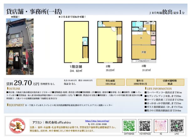 大阪府大阪市鶴見区放出東3丁目の3階建て貸店舗・事務所の資料。賃料29.7万円、延床面積101.91平米。1階から3階までの間取り図と外観写真が掲載されている。