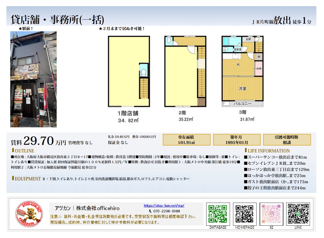 大阪府大阪市鶴見区放出東3丁目の3階建て貸店舗・事務所の資料。賃料29.7万円、延床面積101.91平米。1階から3階までの間取り図と外観写真が掲載されている。