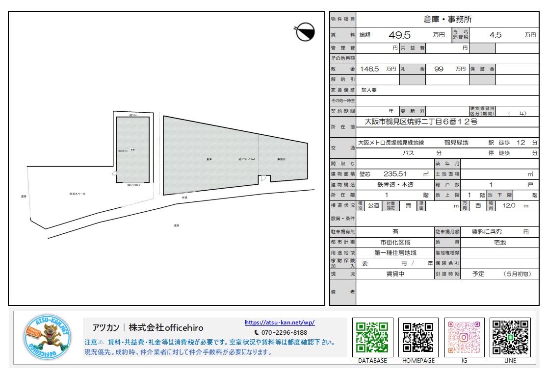 大阪市鶴見区焼野2丁目にある倉庫・事務所物件の紹介資料。約235平米の建物面積を持つ平屋建ての図面と、広い駐車スペース、周辺の道路状況が記載されています。