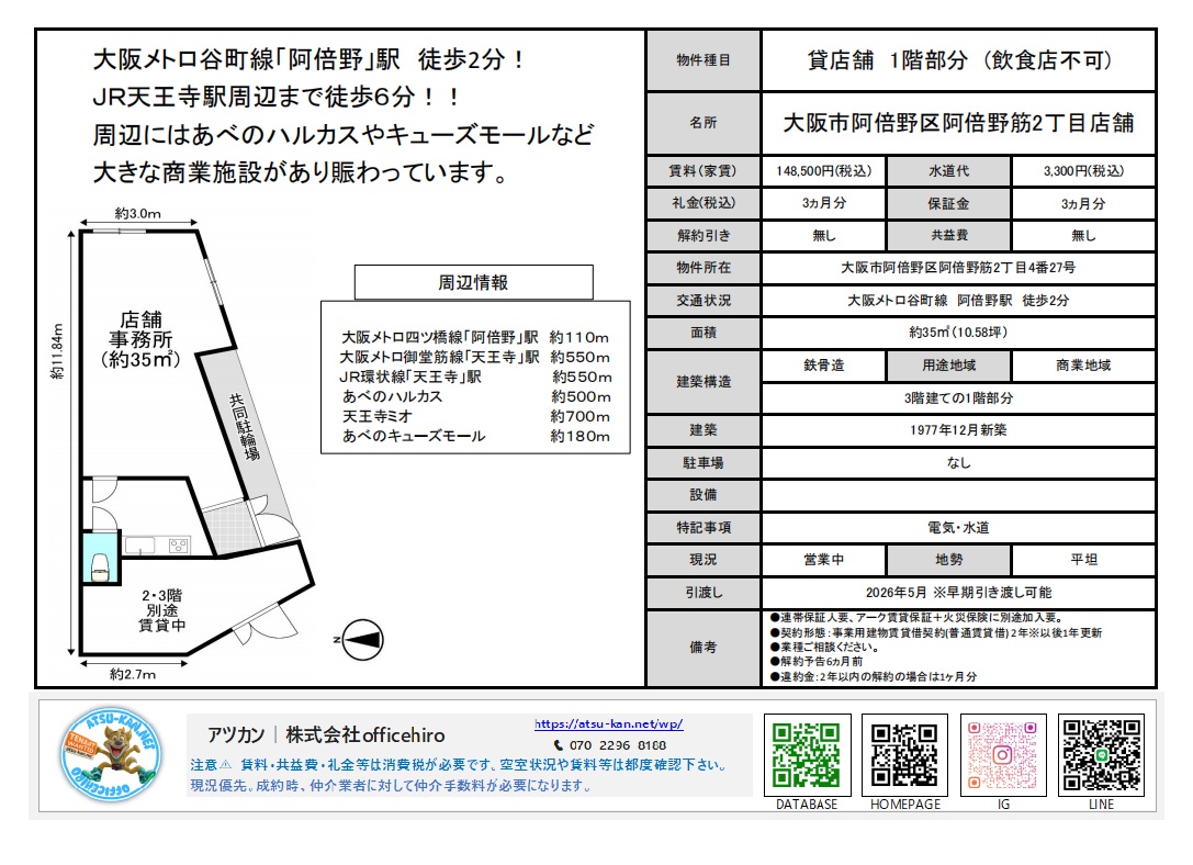 大阪市阿倍野区阿倍野筋2丁目の貸店舗物件資料。1階部分、面積約35平米（10.58坪）、賃料148,500円。間取り図と周辺地図、物件詳細が記載されています。