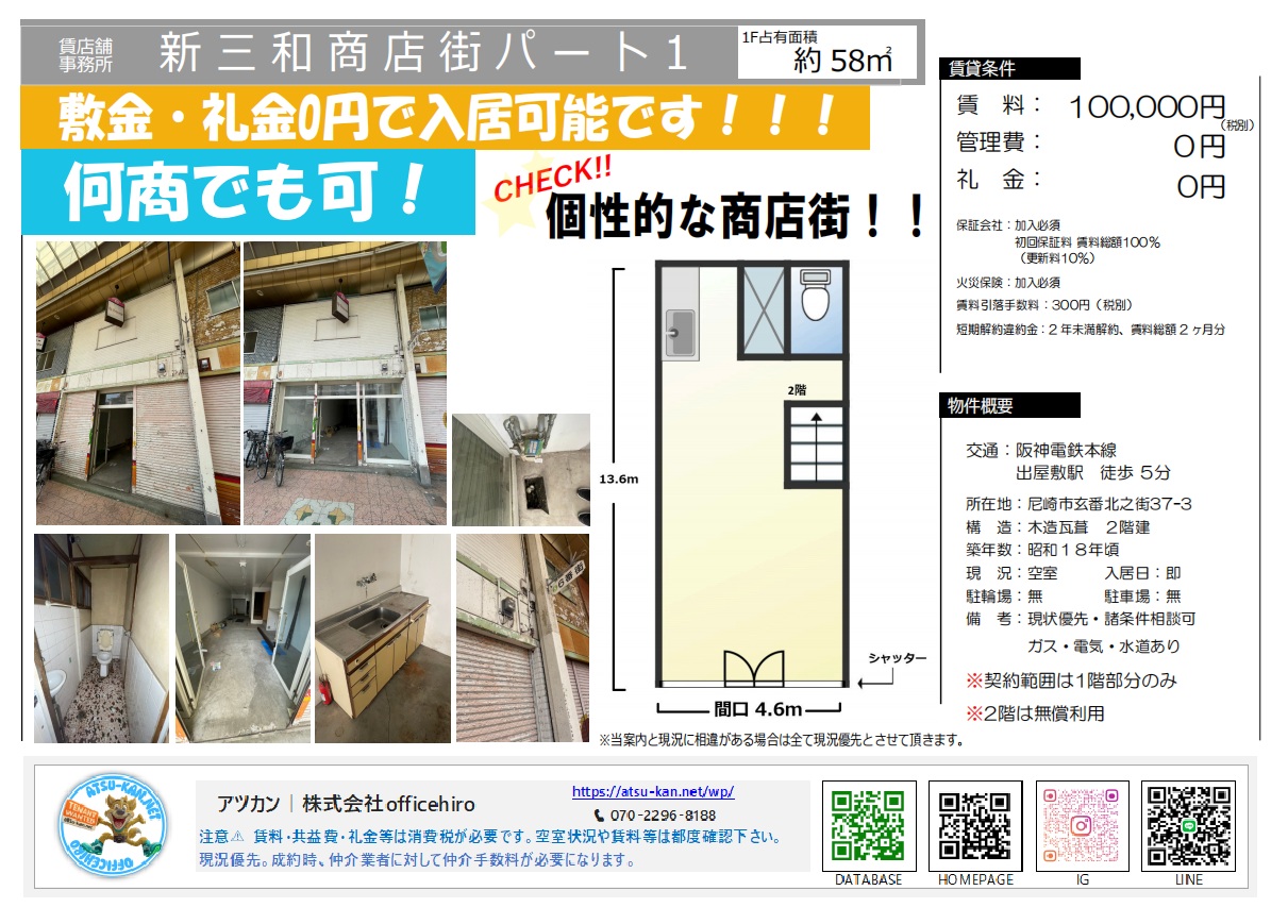 尼崎市の新三和商店街にある、敷金・礼金0円の2階建て店舗物件の外観・内装写真と間取り図。1階占有面積は約58平米で、間口は4.6m。
