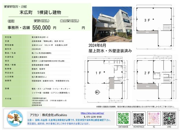 東大阪市末広町にある3階建て「1棟貸し建物」の物件資料。白を基調とした清潔感のある外観写真と、1階から3階までの詳細な間取り図が掲載されています。各階にトイレやキッチンなどの設備があり、3階建て鉄骨造の構造が示されています。
