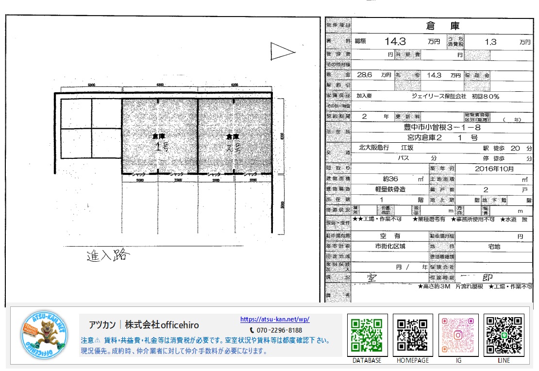 豊中市小曽根3丁目の「宮内倉庫2-1号」の平面図とシャッター配置。進入路からスムーズにアクセスできる4連シャッターのうち、2スパン分を使用する倉庫区画です。