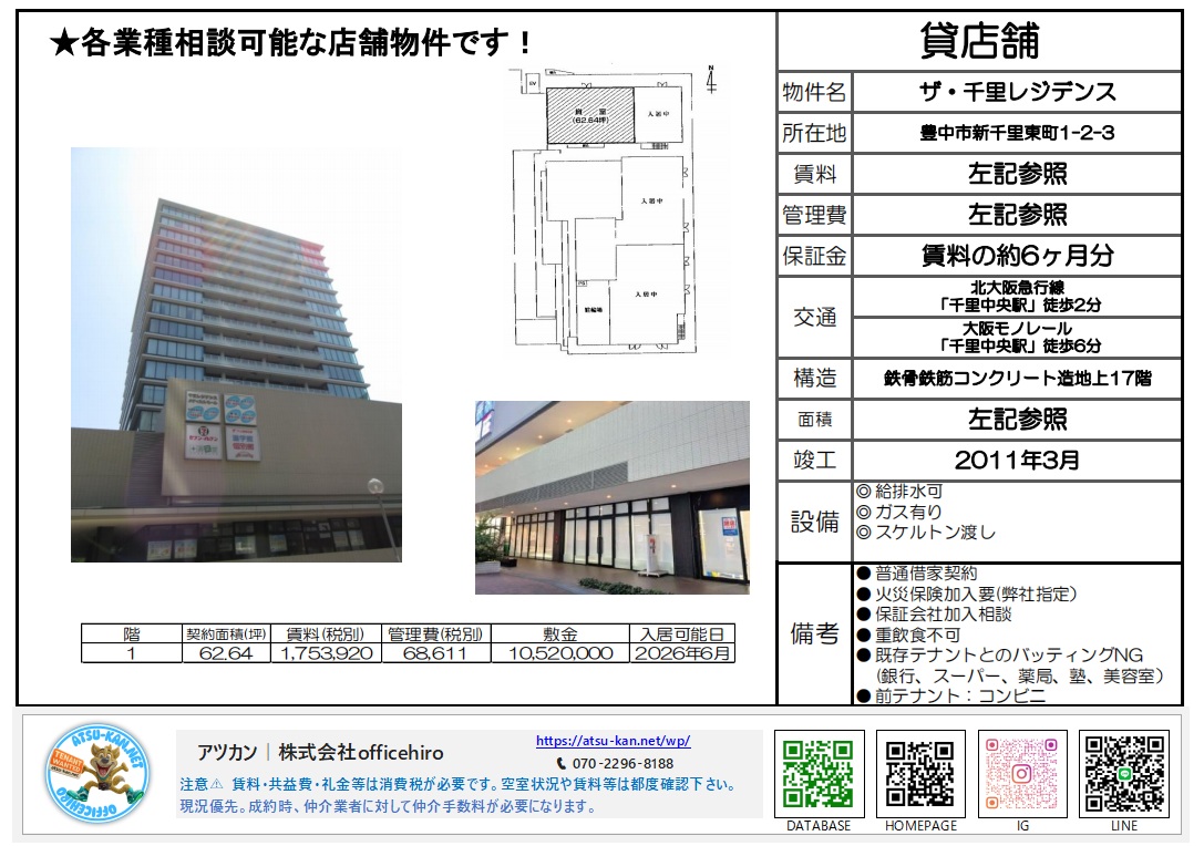 豊中市新千里東町1丁目にある地上17階建て「ザ・千里レジデンス」の外観写真と、1階店舗部分の約62坪の長方形に近い間取り図。