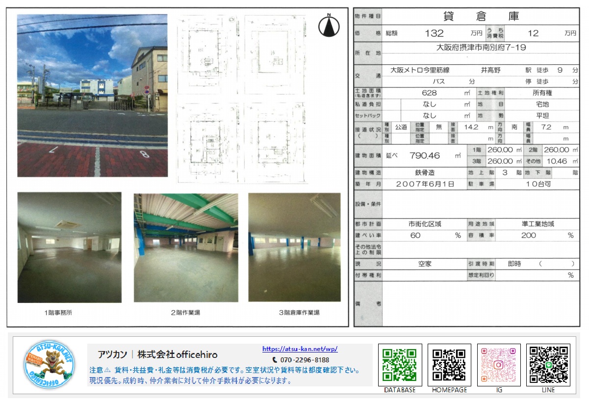 大阪府摂津市南別府の3階建て貸し倉庫の物件資料。外観写真、各階の間取り図、1階事務所・2階作業場・3階倉庫作業場の内装写真、および賃料132万円や面積790.46平米などの詳細スペック表。