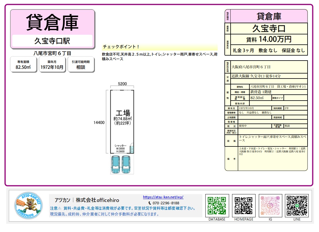 八尾市宮町6丁目の貸倉庫の外観、シャッター付きの工場内部の間取り、車両2台を横付けできる駐車スペースのイメージ図、および賃貸条件表のセット。