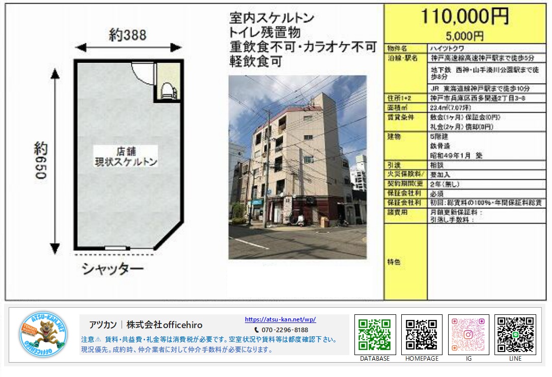 ハイツトクワの外観写真と、約23.4平米の店舗図面。シャッター付きの入り口とトイレの配置が確認できる。