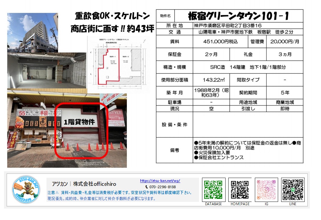 板宿グリーンタウンの外観、商店街に面した店舗入り口、間取り図。スケルトン仕様の広い店舗スペース。