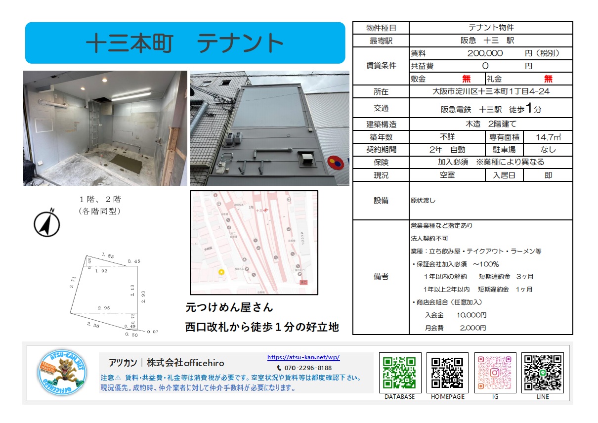 大阪市淀川区十三本町にある、西口改札徒歩1分の立地を強調した地図と、スケルトン状態の内装および建物外観の写真